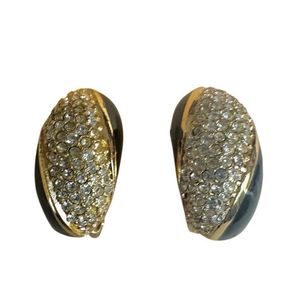 Christian Dior Gold & Black Enamel Rhinestone Clip-On Earrings ✨ - Picture 1 of 9